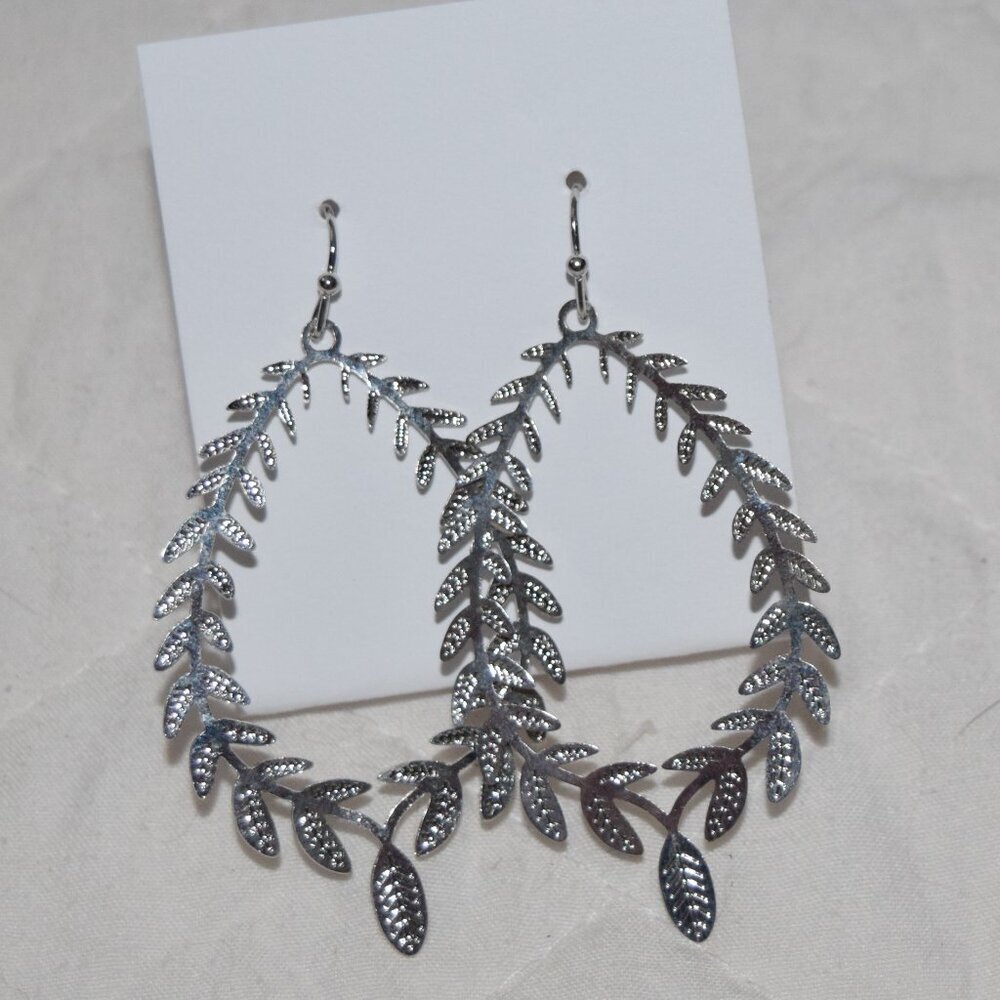 Silver Leaf Dangle Hoop Earrings